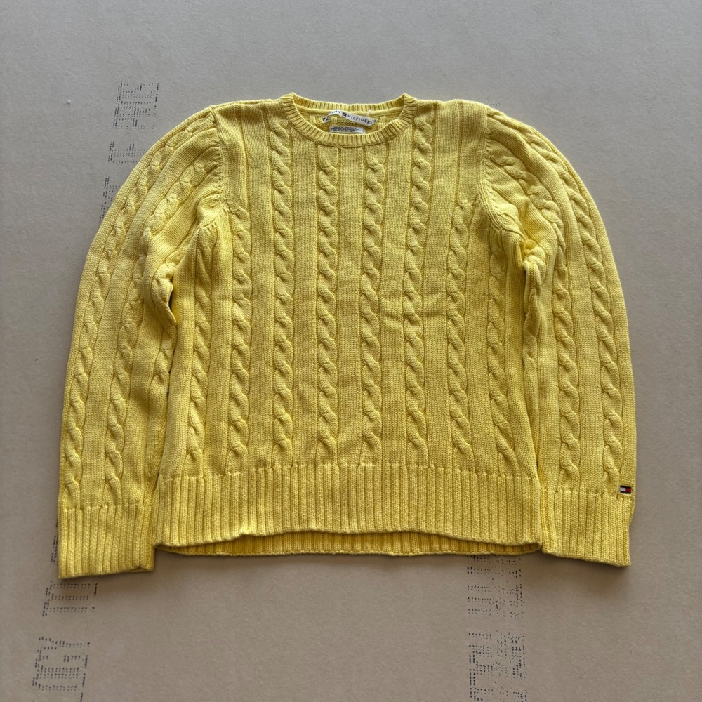 Y2K Tommy Hilfiger Cable Knit Sweater Yellow Mens Classic Preppy Streetwear